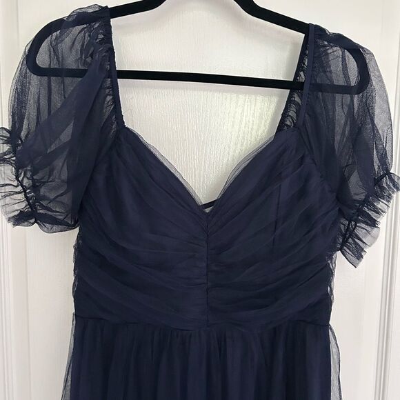Lulus Glorious Chicness Navy Tulle Pleated Puff Sleeve Midi Dress Medium New - Picture 5 of 13